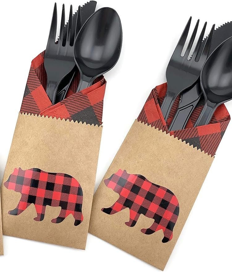 12 - Set Buffalo Plaid Bear Cutlery Set - Stesha Party