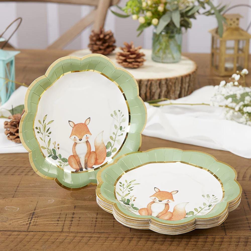 7" Woodland Fox Baby Shower Plates 16ct - Stesha Party
