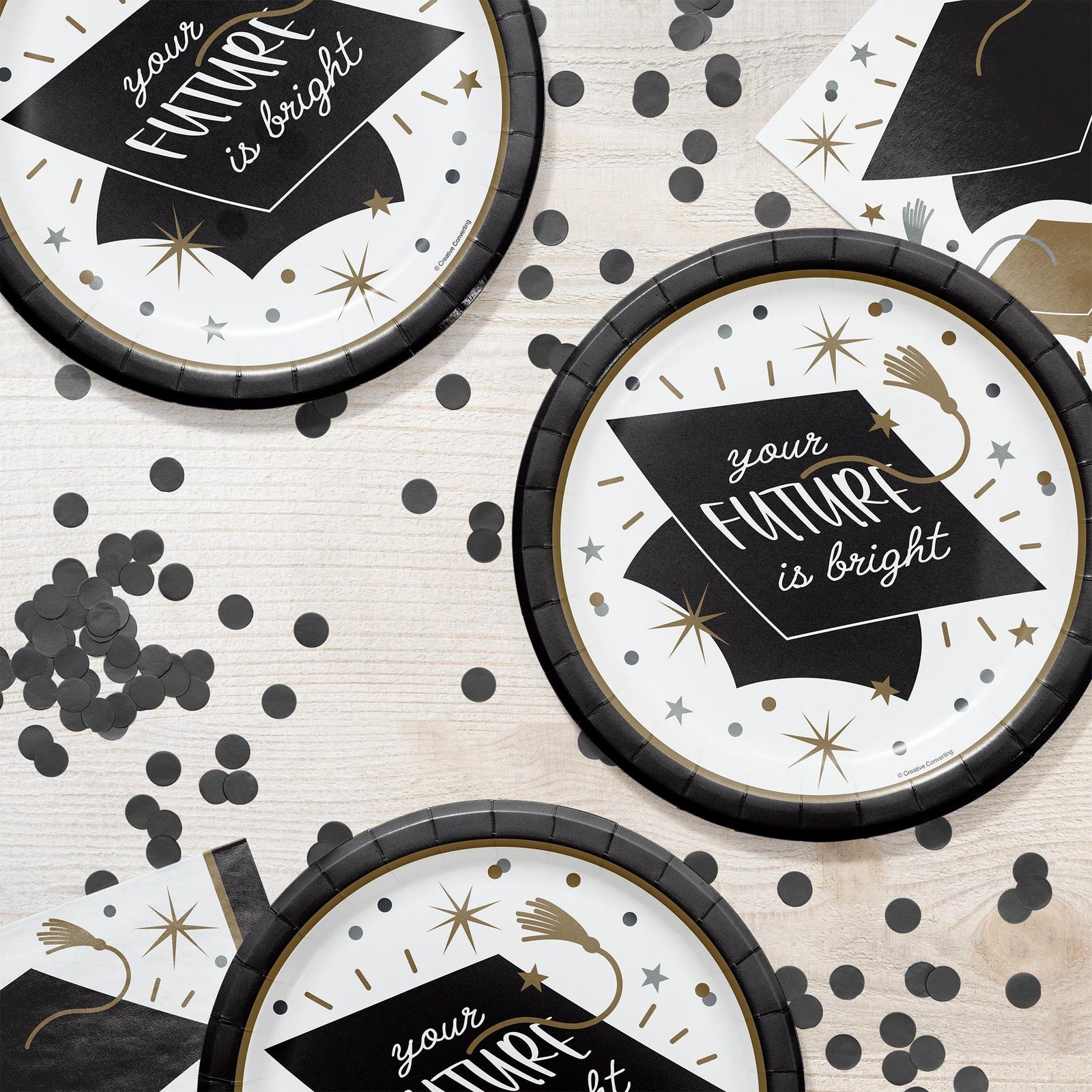 Black & Gold Graduation Cap Plates - Stesha Party