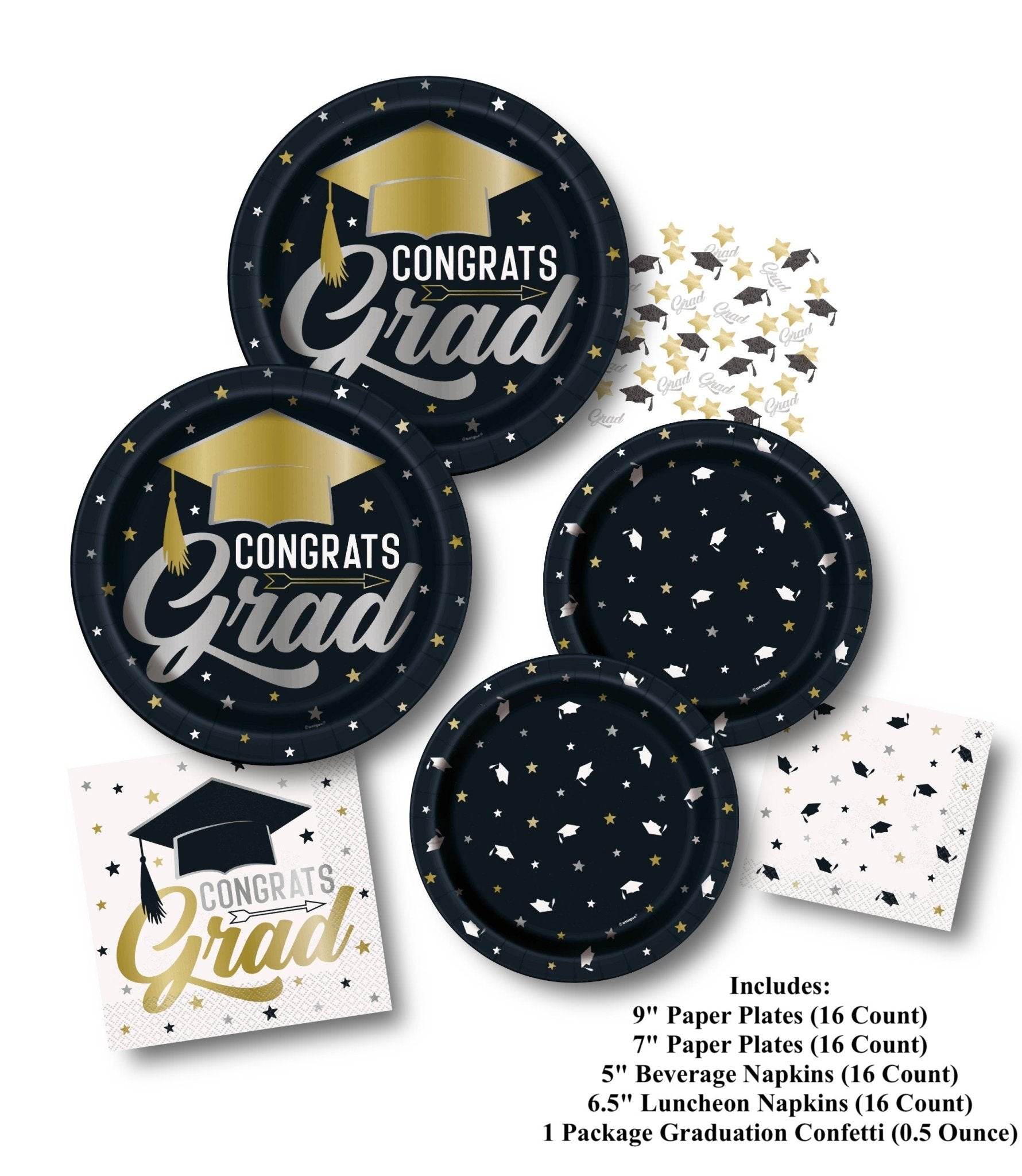 Black & Gold Graduation Party Paper Plates, Napkins & Confetti - Stesha Party