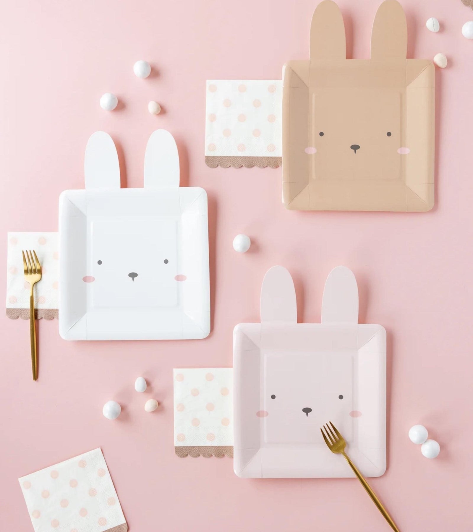 Brown, Pink & White Square Bunny Face Plates 9ct - Stesha Party