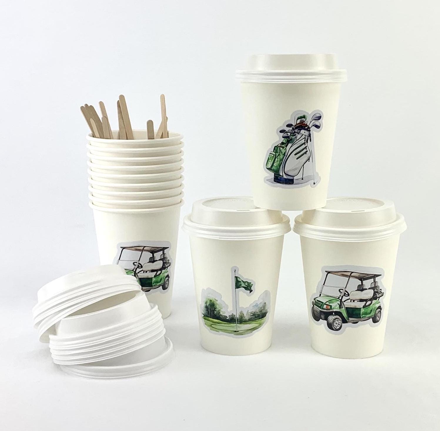 Golf Party Paper Cups with Lids & Stir Sticks 12ct - Stesha Party