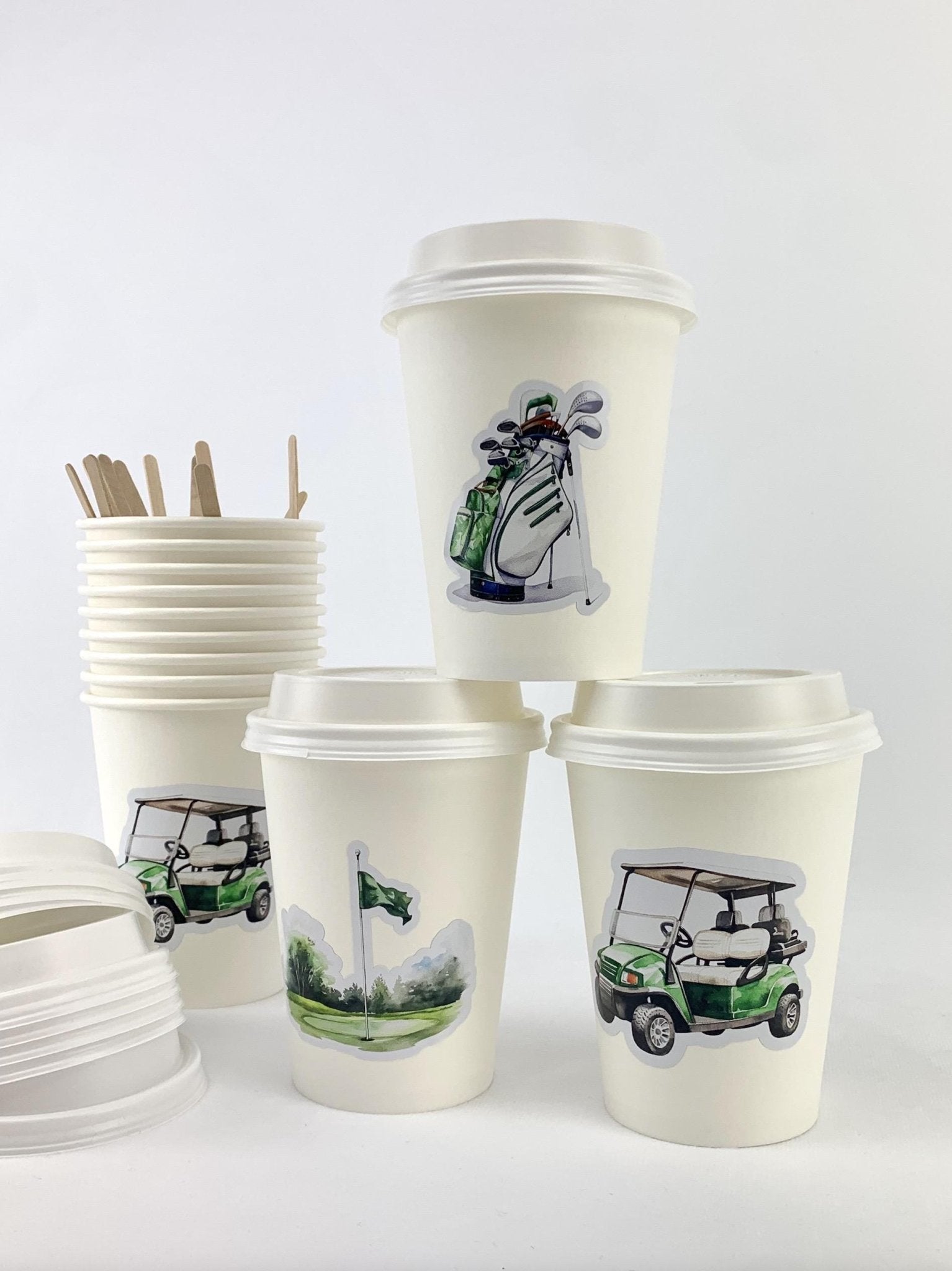 Golf Party Paper Cups with Lids & Stir Sticks 12ct - Stesha Party