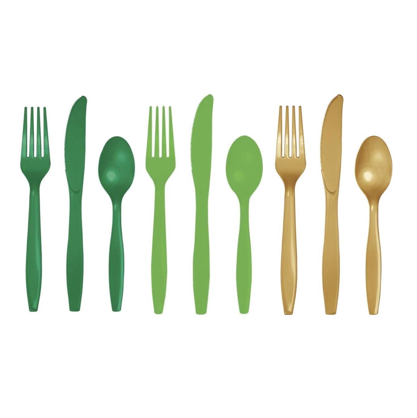 Green Lime & Gold Plastic Cutlery 18 Guests - Stesha Party