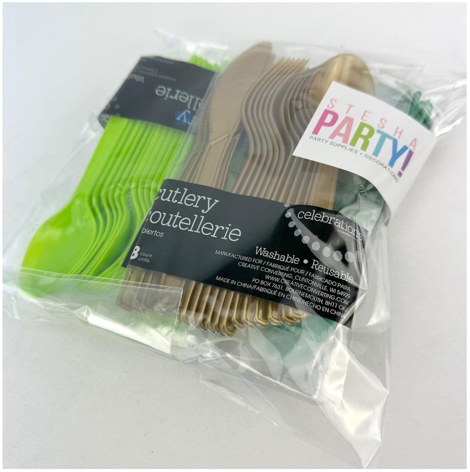 Green Lime & Gold Plastic Cutlery 18 Guests - Stesha Party