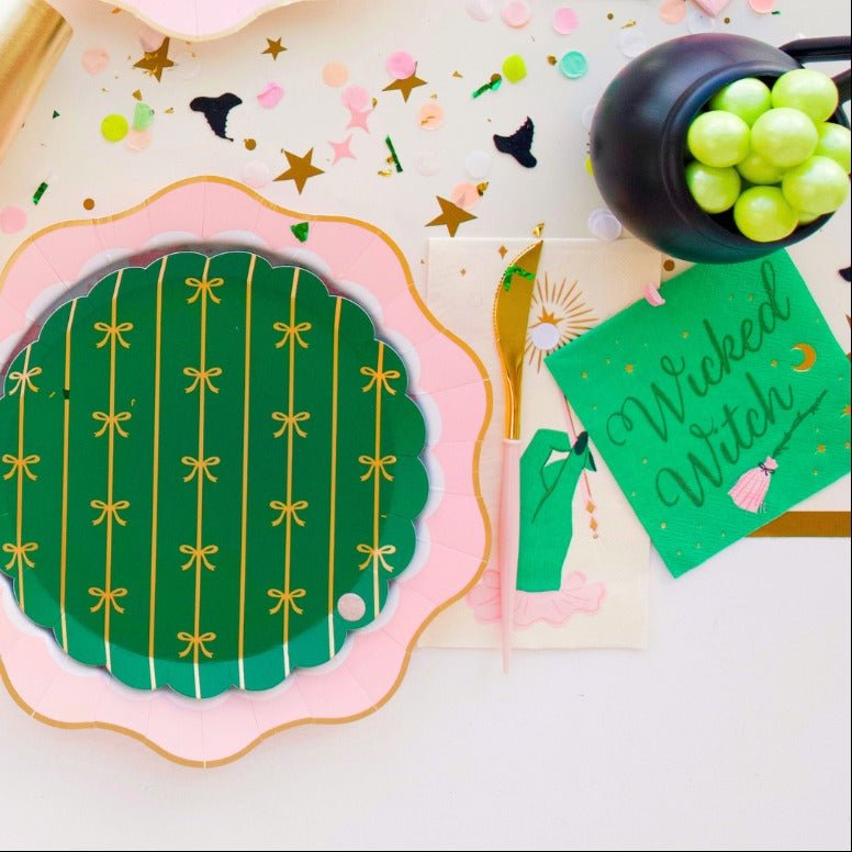 Green Scalloped Plates Gold Bows 8ct - Stesha Party