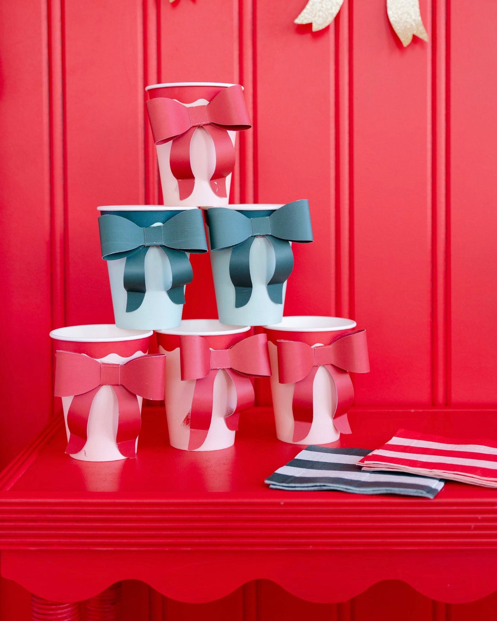 Coquette Bow Party Cups - Red Christmas Drink Cups, Holiday Birthday Decorations, Christmas Bridal Shower Party, Coquette Christmas Party