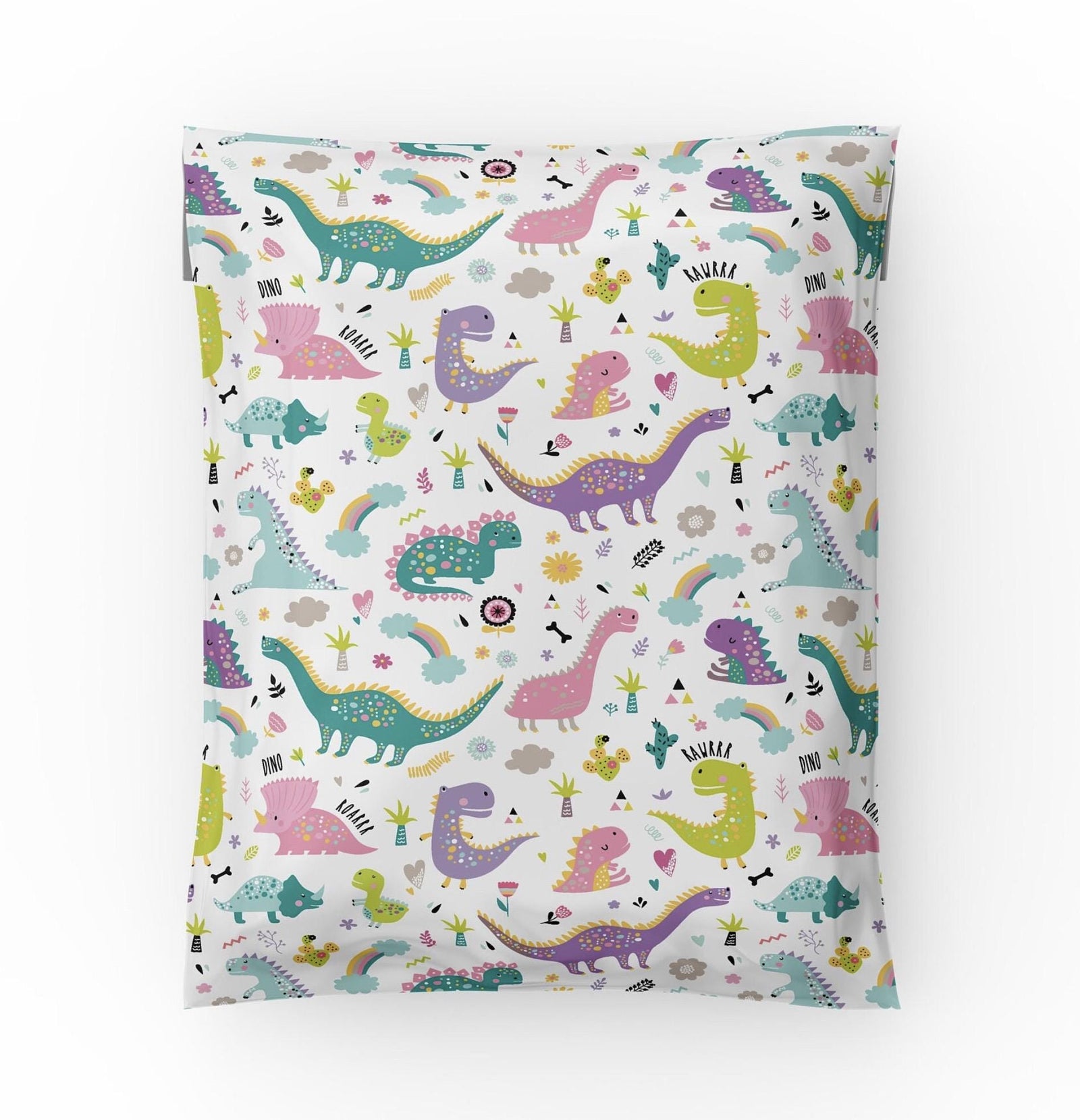 Pink dinosaur poly mailer 10x13 with pastel pink, purple and teal dinosaur print