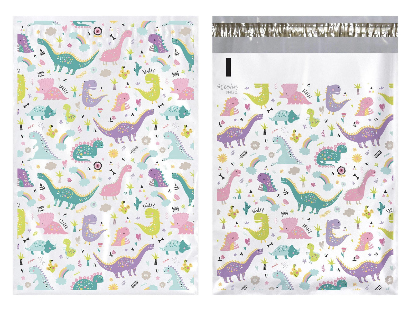 Front and back of pink dinosaur poly mailer showing adhesive strip