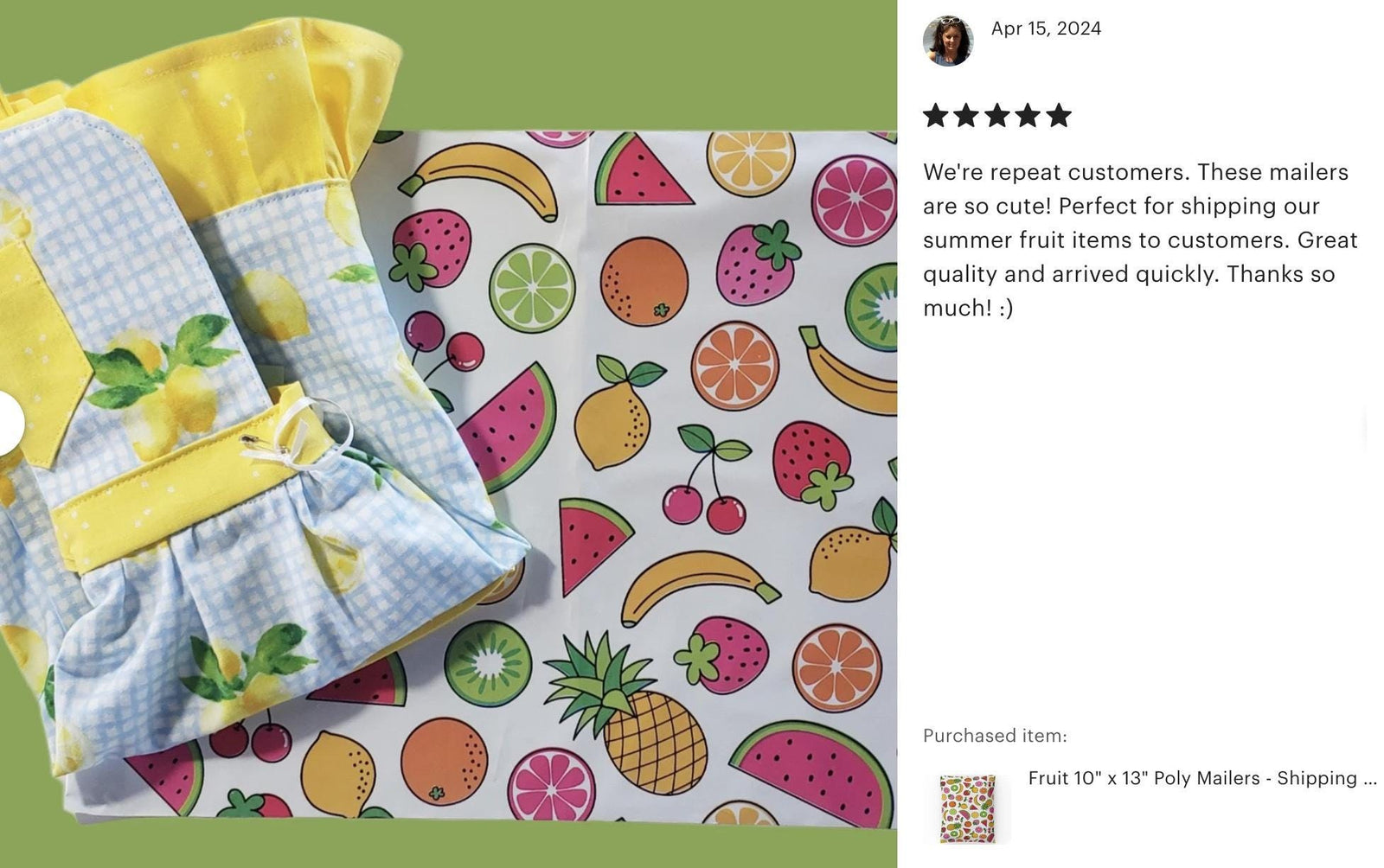 Customer photo of yellow outfit on a fruit poly mailer with five-star review