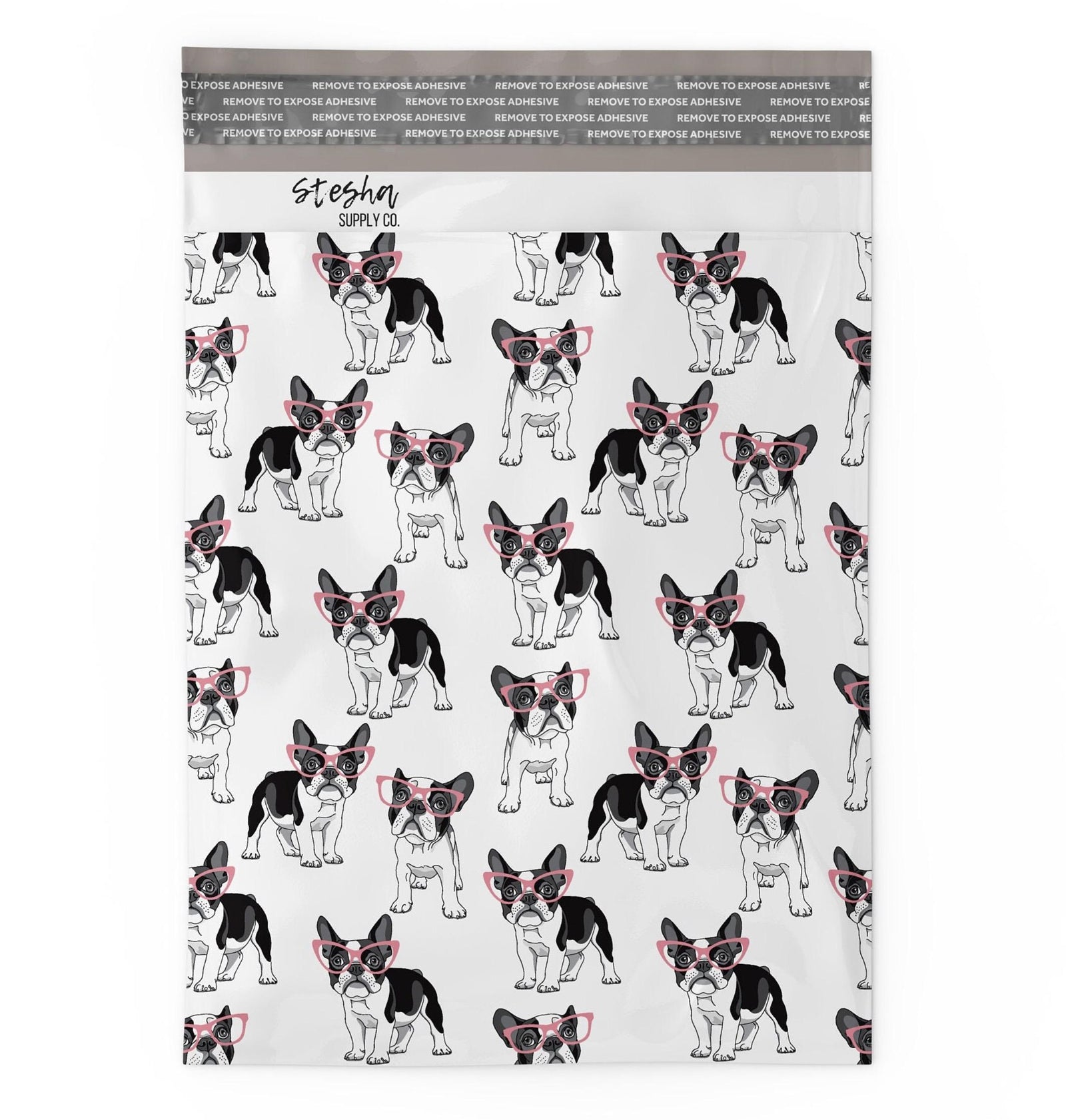 Flat French bulldog poly mailer showing self-sealing adhesive strip at top