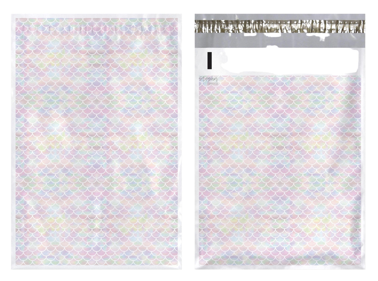 Front and back of mermaid poly mailer showing adhesive strip