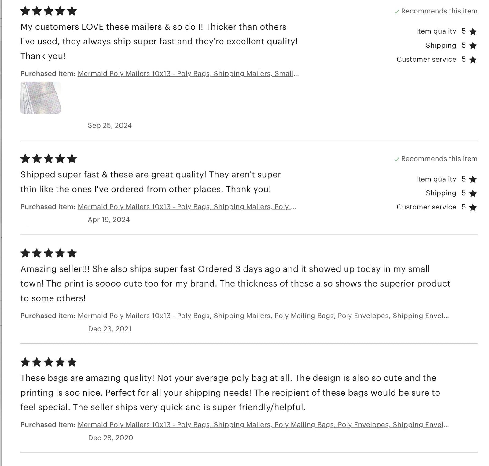 Five-star customer reviews of mermaid poly mailers