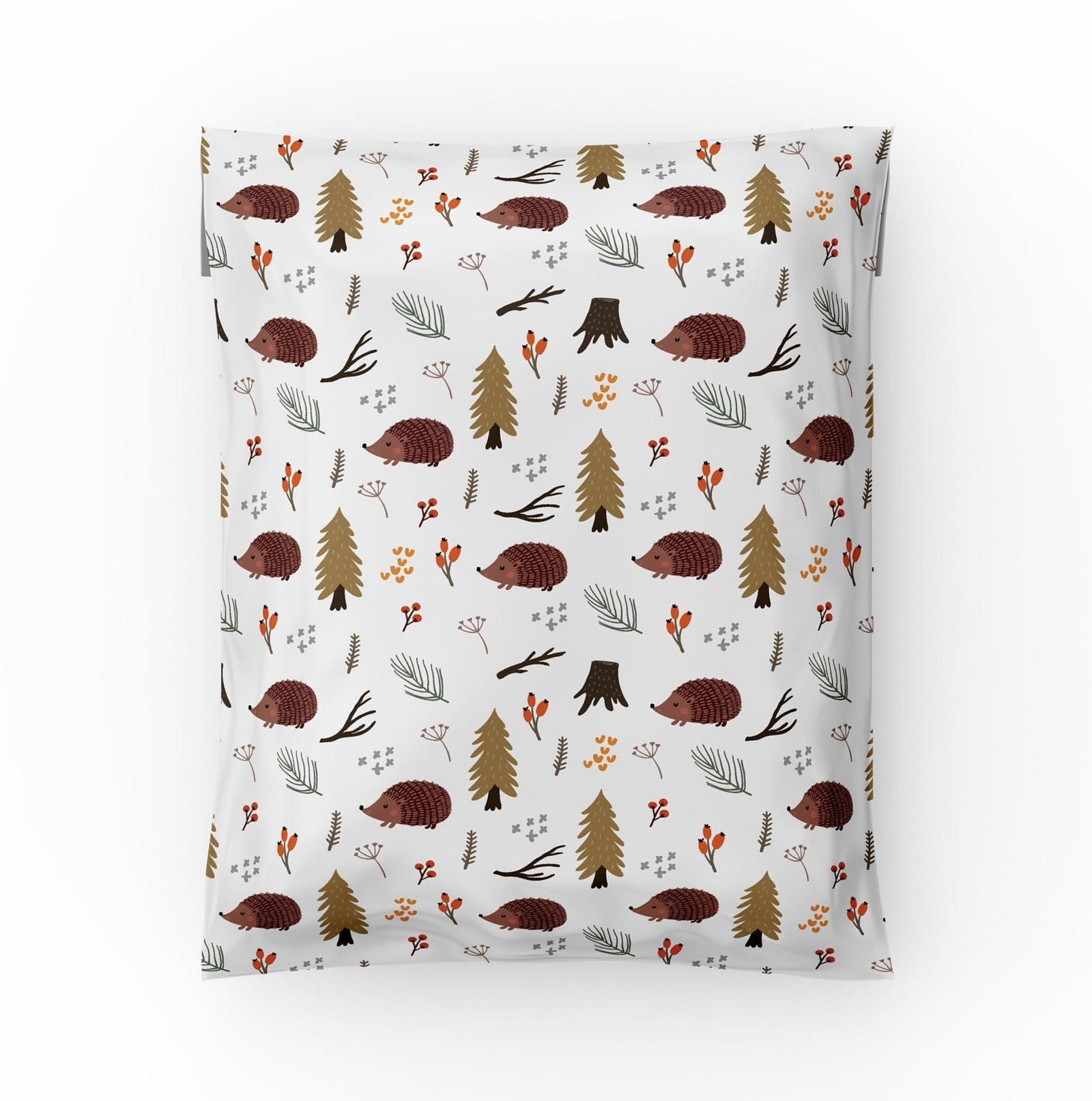 Hedgehog poly mailer 10x13 with brown hedgehogs, pine trees, twigs and berries print
