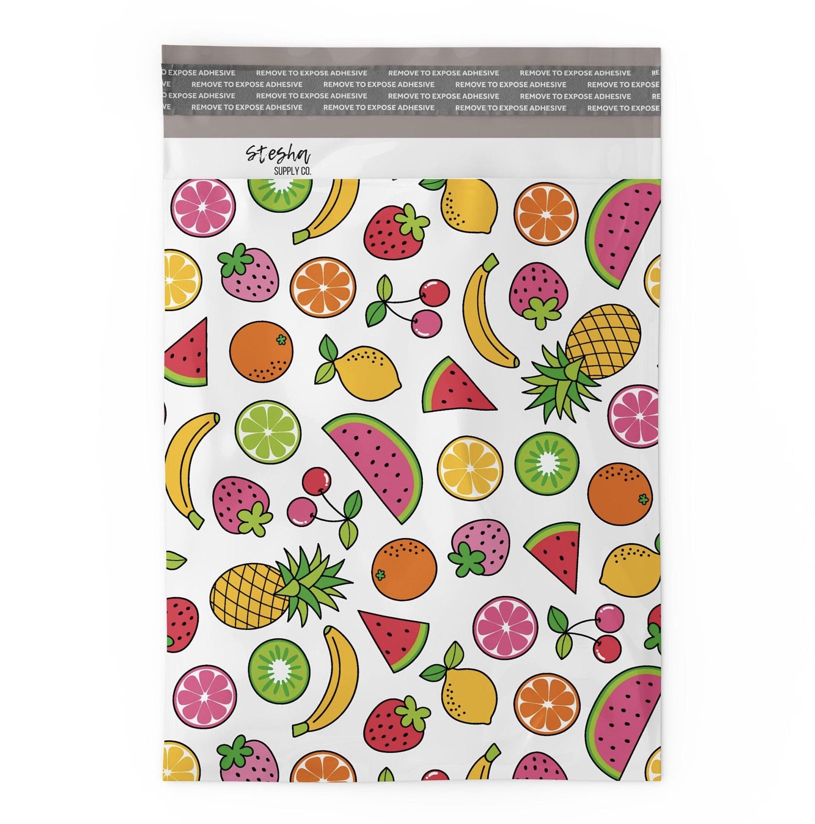 Flat fruit print poly mailer showing self-sealing adhesive strip at top