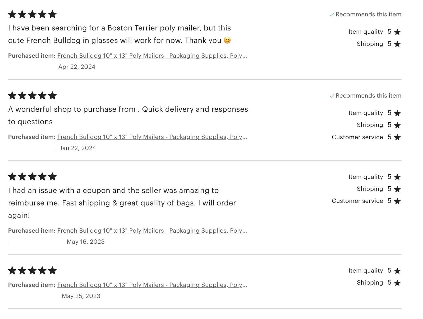 Five-star customer reviews of French bulldog poly mailers