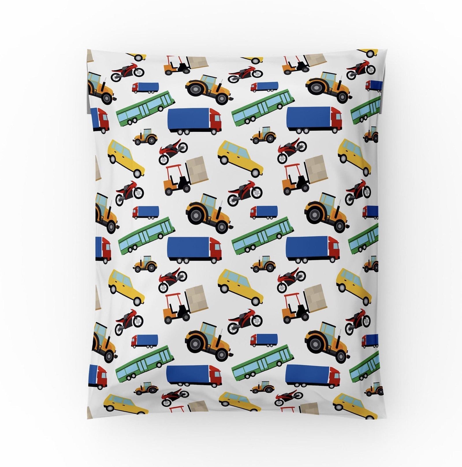 Cars and trucks poly mailer 10x13 with buses, tractors, trucks, cars and motorcycles print
