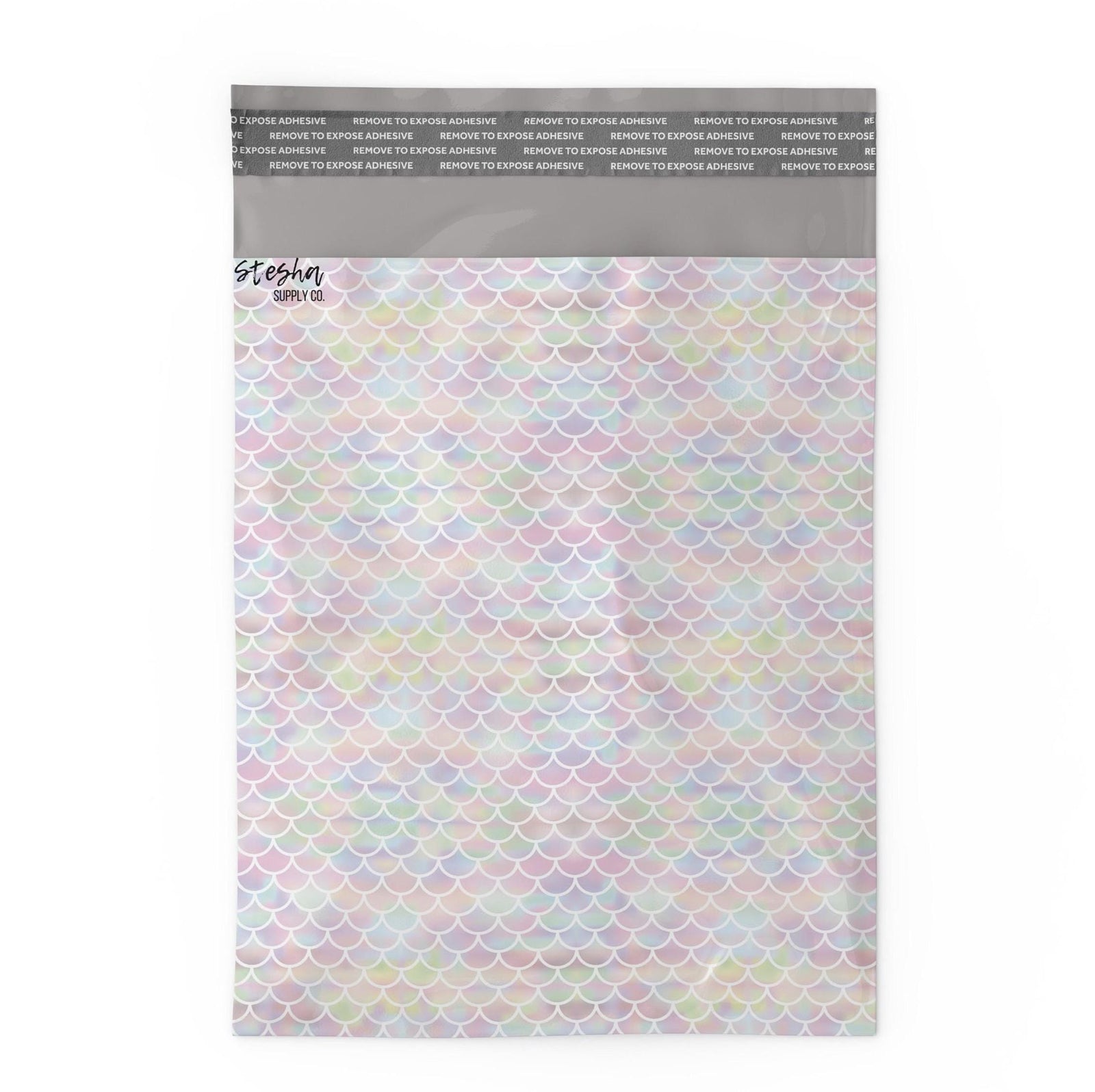 Flat mermaid poly mailer showing self-sealing adhesive strip at top