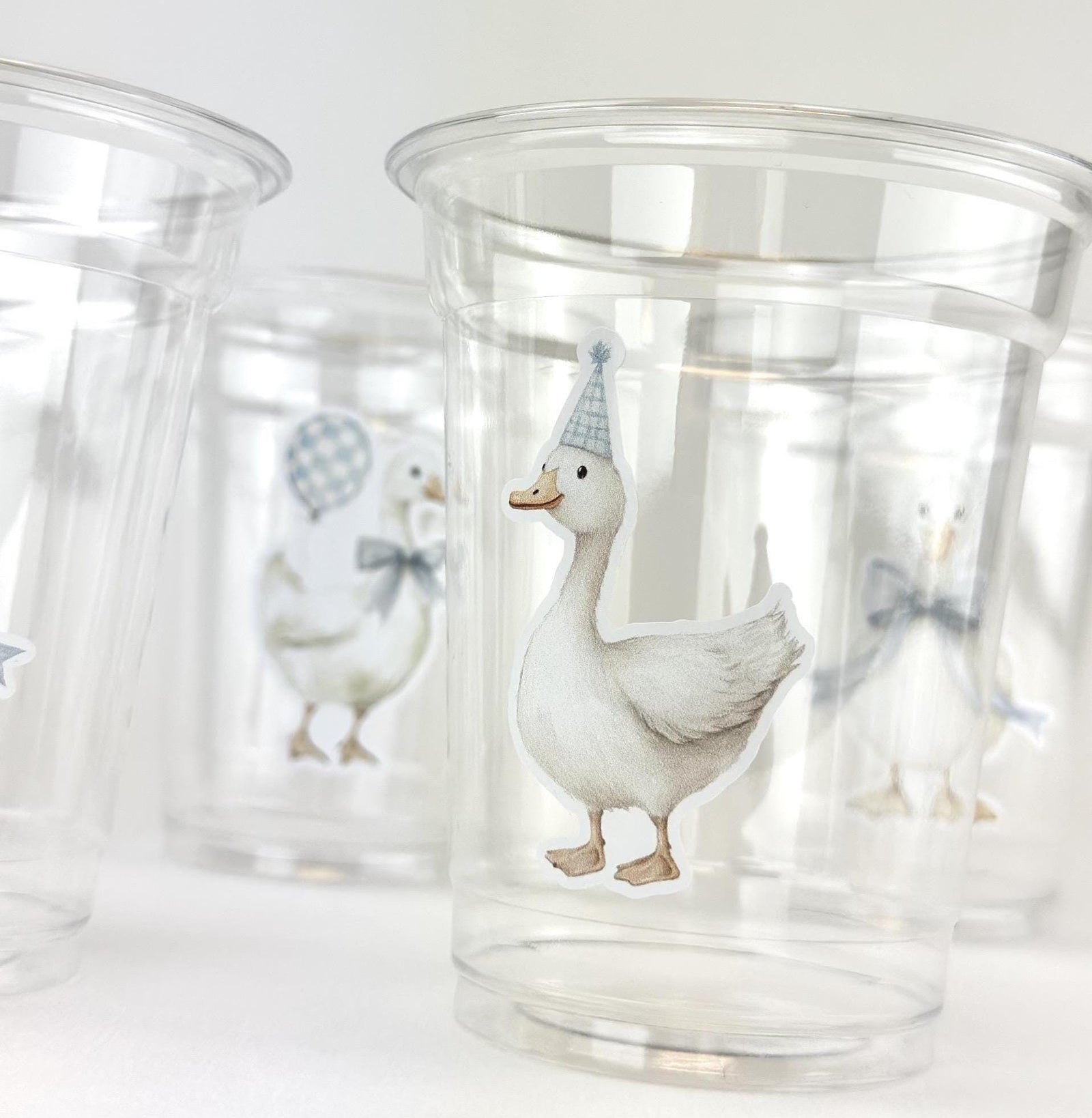 Silly Goose Party Cups Boy, Goose Baby Shower Cups, Boy Birthday Party Cups, 12 oz Clear Disposable Cups, Blue Bow Goose Theme, 24 Count