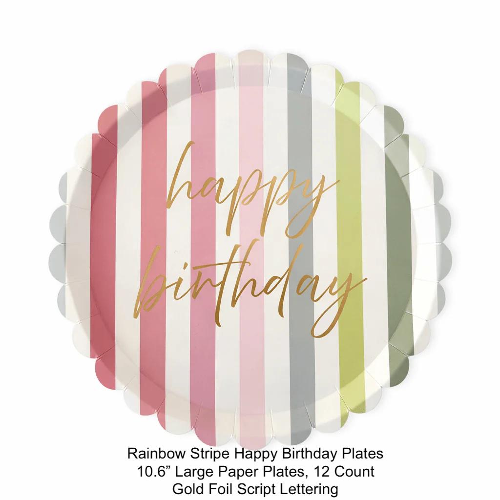 Pastel Striped Happy Birthday Dinner Plates 10.6 Inch, Scalloped Birthday Party Plates, Girl or Adult Birthday Tableware 12ct