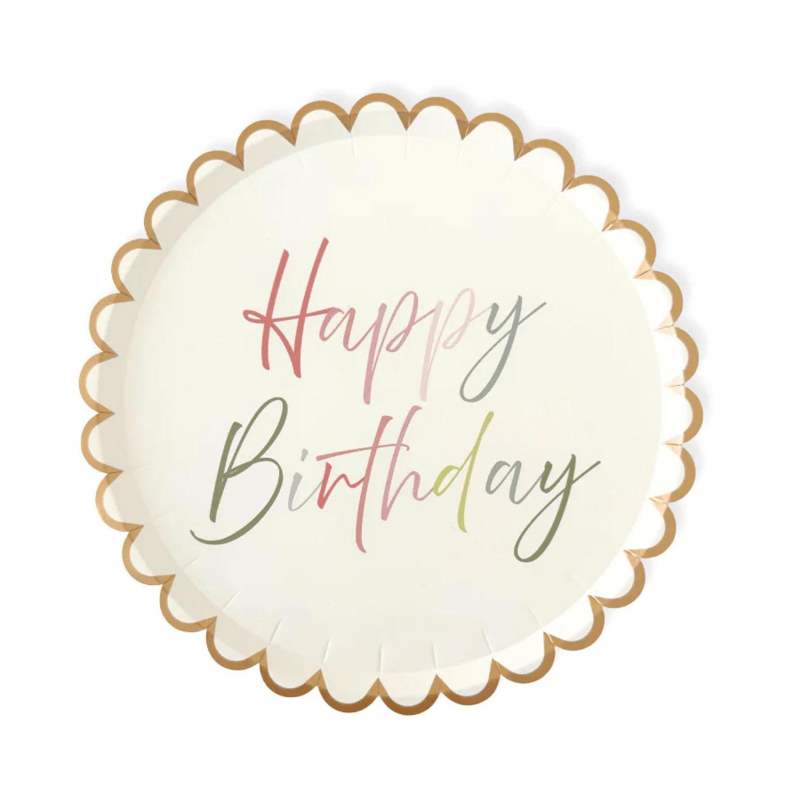 Pastel Happy Birthday Plates Gold Scalloped Edge 9 Inch 12ct, Rainbow Birthday Party Plates, Girl Birthday Decor, Adult Birthday Tableware