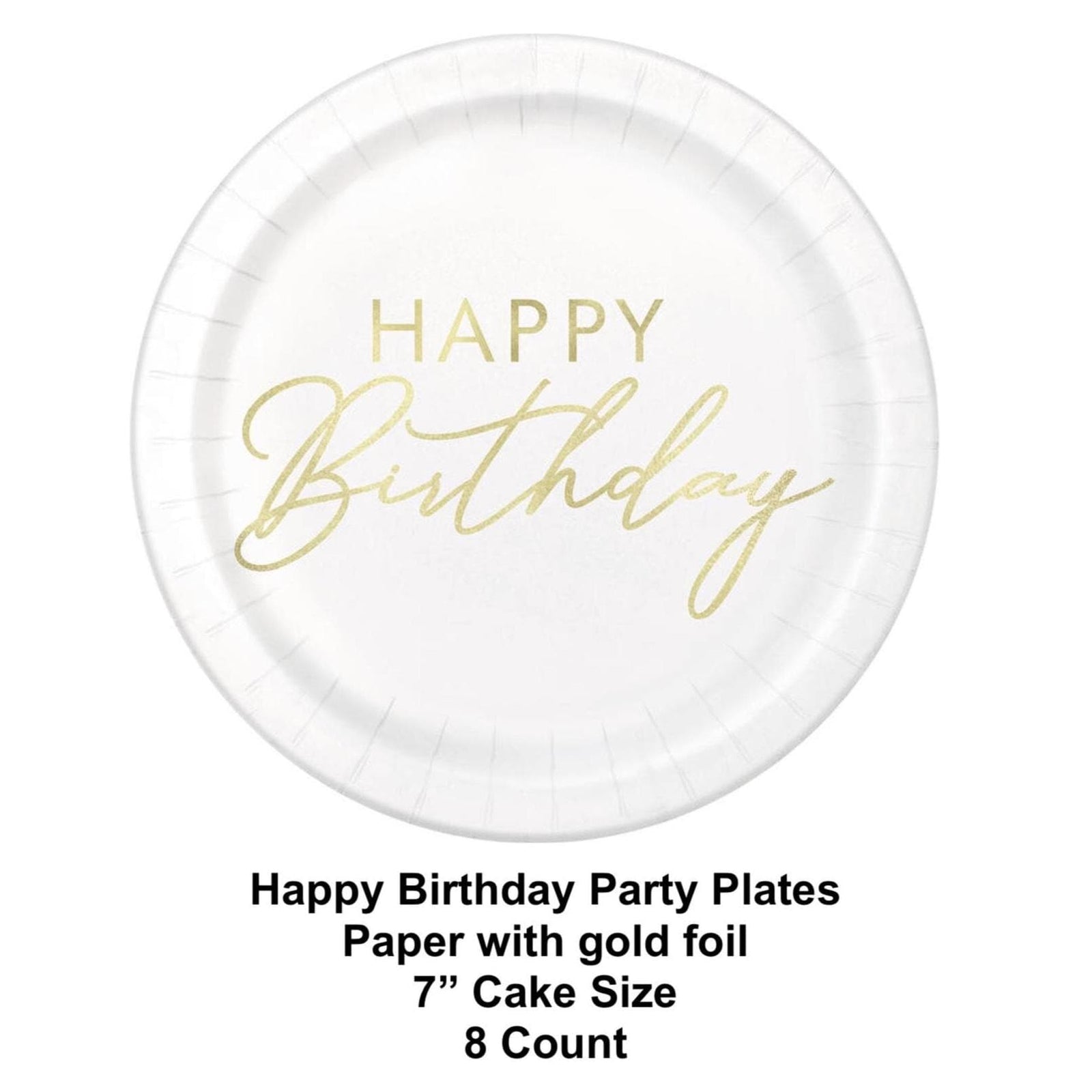 Happy Birthday Cake Plates, White Gold Foil Dessert Plates, 7 Inch Paper Birthday Plates, Elegant Birthday Party Decor, 8ct
