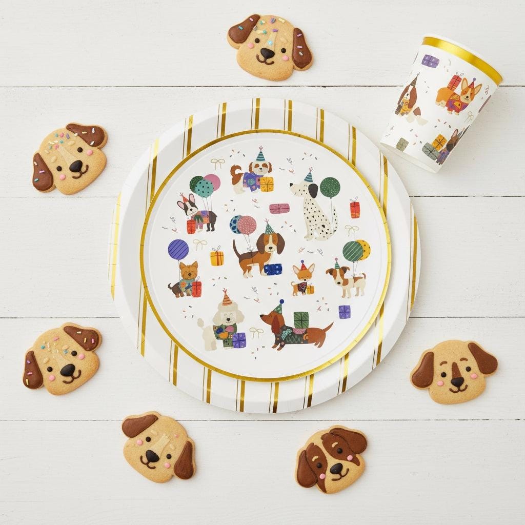 Dog Birthday Paper Cups 9oz 8ct, Puppy Party Drink Cups, Disposable Dog Theme Tableware, Gold Foil Cups
