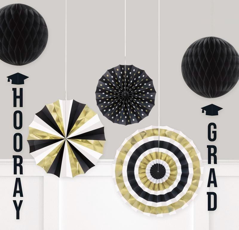Graduation Party Decorations Set, Black Gold Graduation Decor, Paper Fan Decorations, Hanging Honeycomb Decor, Class of 2026