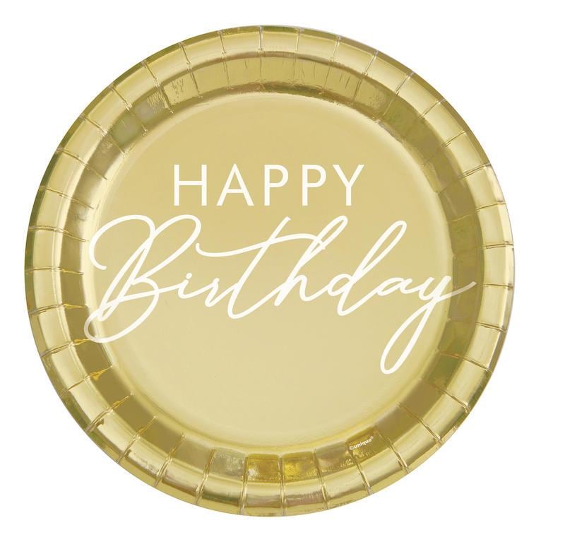 Gold Happy Birthday Plates 8ct, Gold Foil Birthday Party Plates, 9 Inch Paper Plates, Adult Birthday Decor, Birthday Tableware