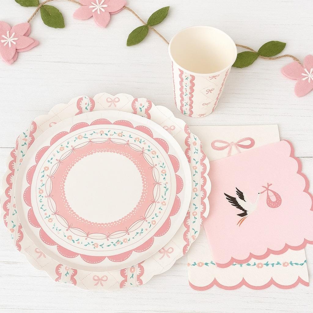 Pink Bow Party Plates, Coquette Birthday Plates, Baby Shower Dessert Plates, Tea Party Supplies, Floral Scalloped Paper Plates, 8 Count
