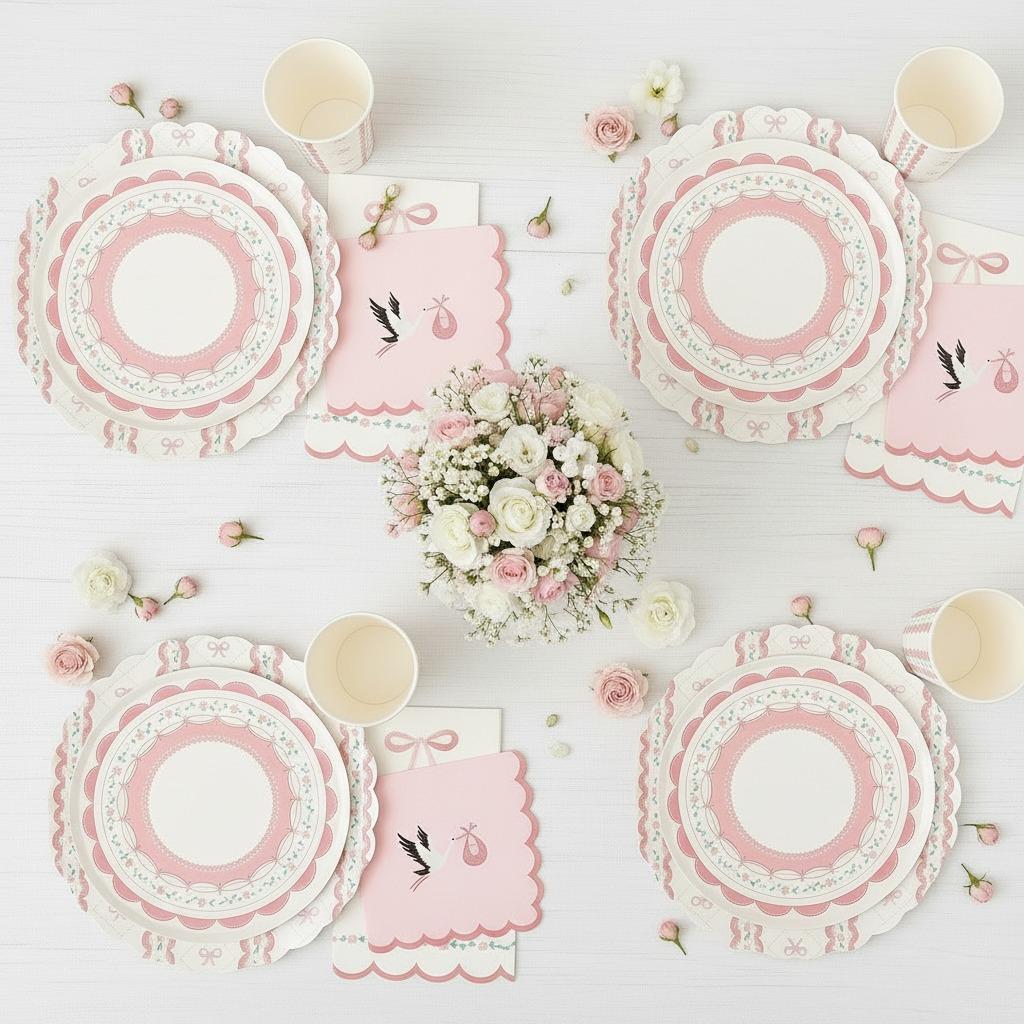 Pink Bow Party Plates 10 inch, Coquette Party Supplies, Baby Shower Dinner Plates, Tea Party Decorations, Floral Scalloped Plates, 8 Count