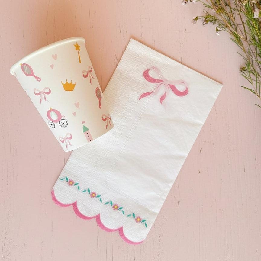 Pink Bow Party Napkins, Coquette Birthday Napkins, Princess Party Supplies, Tea Party Decorations, Floral Scalloped Napkins, 16 Count
