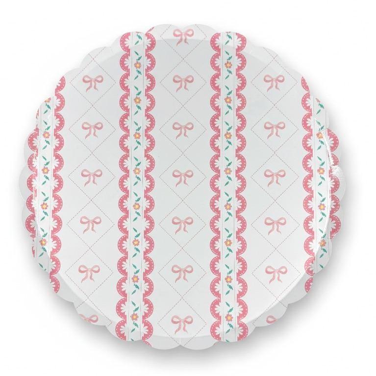 Pink Bow Party Plates 10 inch, Coquette Party Supplies, Baby Shower Dinner Plates, Tea Party Decorations, Floral Scalloped Plates, 8 Count