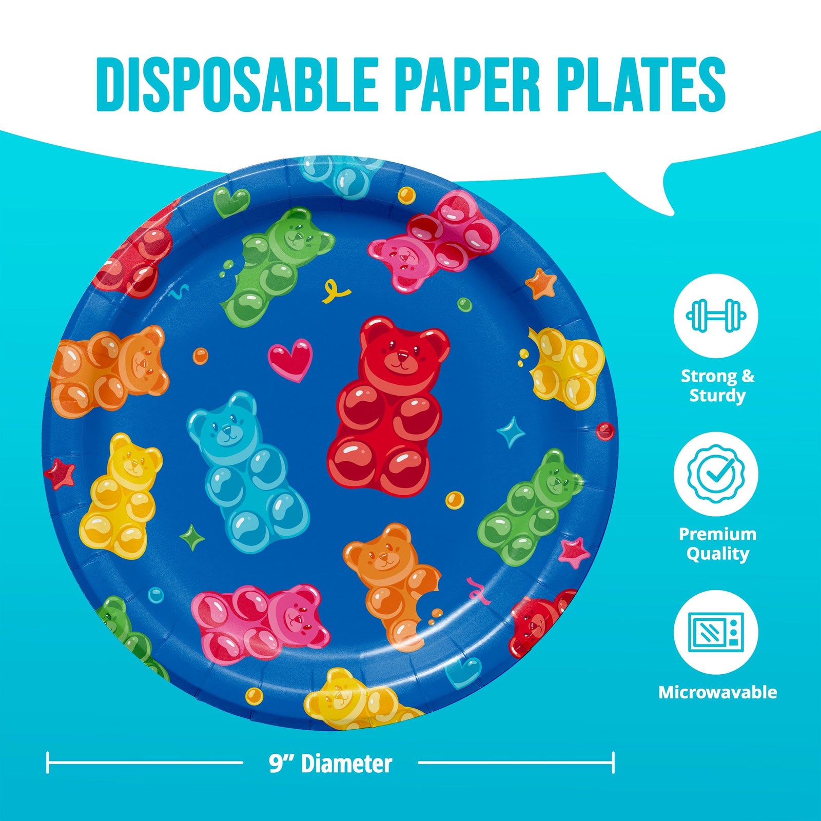 Gummy Bear Paper Plates, 9 Inch Candy Birthday Plates, 8 Count Colorful Bear Party Supplies, Rainbow Candy Theme Tableware