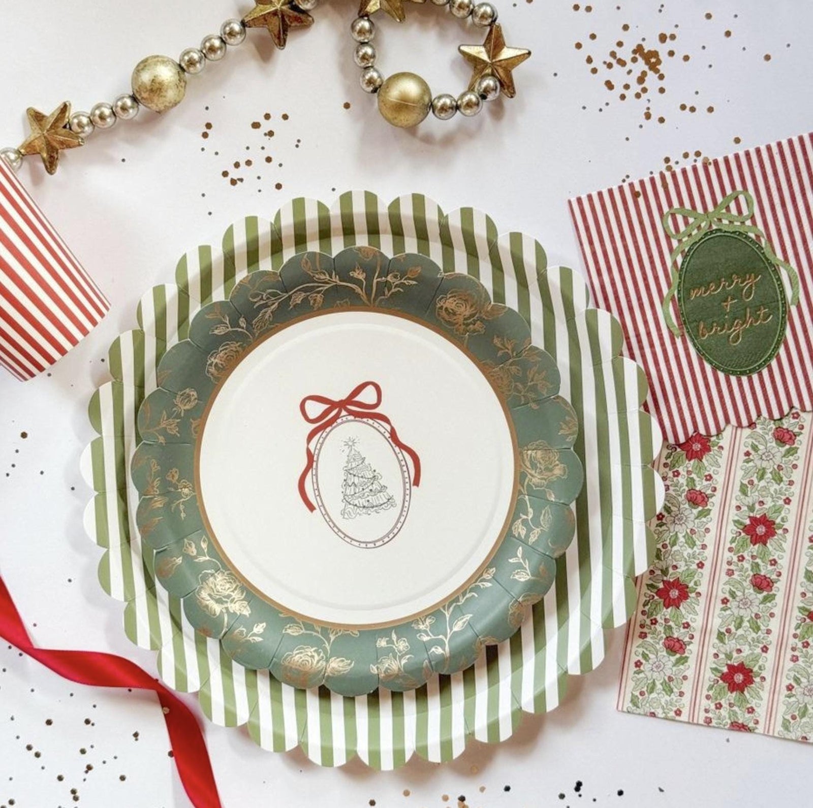 Large Sage Green Stripe Dinner Plates 12ct - Stesha Party