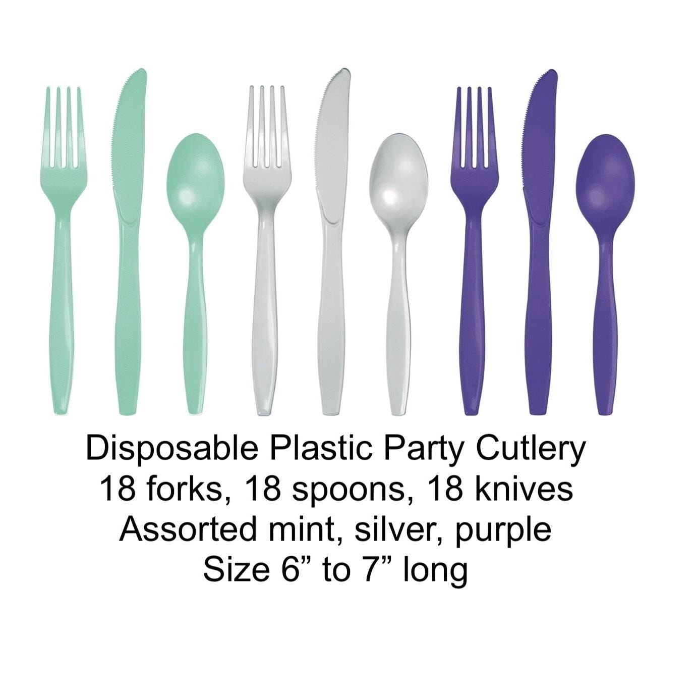 Mint Silver & Purple Plastic Cutlery for 18 - Stesha Party