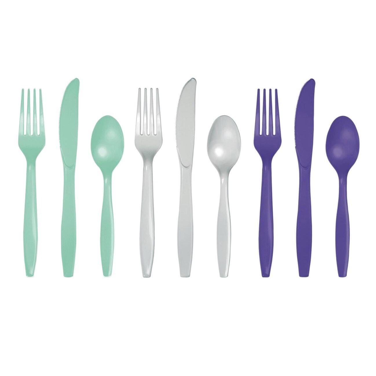 Mint Silver & Purple Plastic Cutlery for 18 - Stesha Party