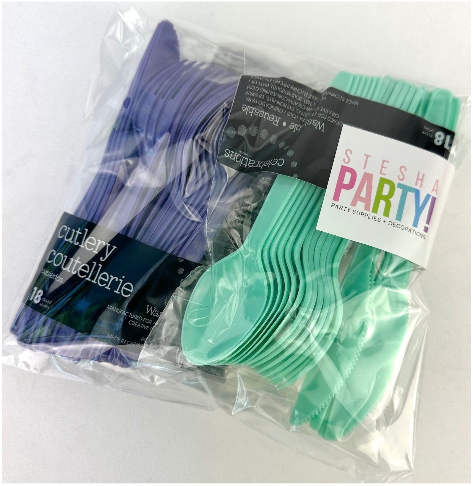 Mint Silver & Purple Plastic Cutlery for 18 - Stesha Party
