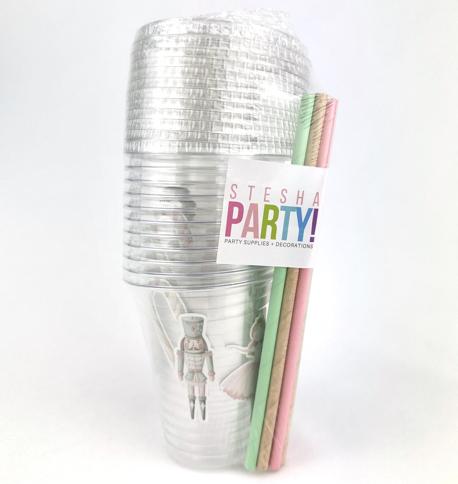 Pastel Nutcracker Plastic Cups with Lids & Straws - Stesha Party