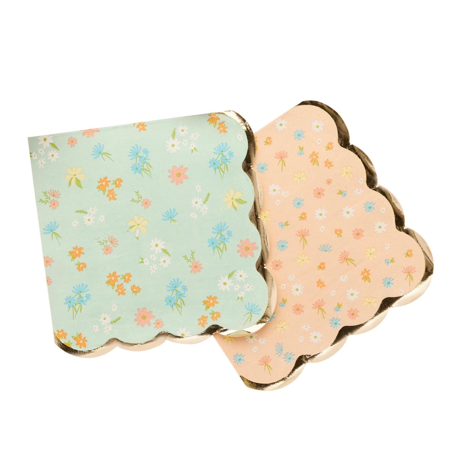 Peach & Mint Floral Scalloped Paper Napkins 16ct - Stesha Party