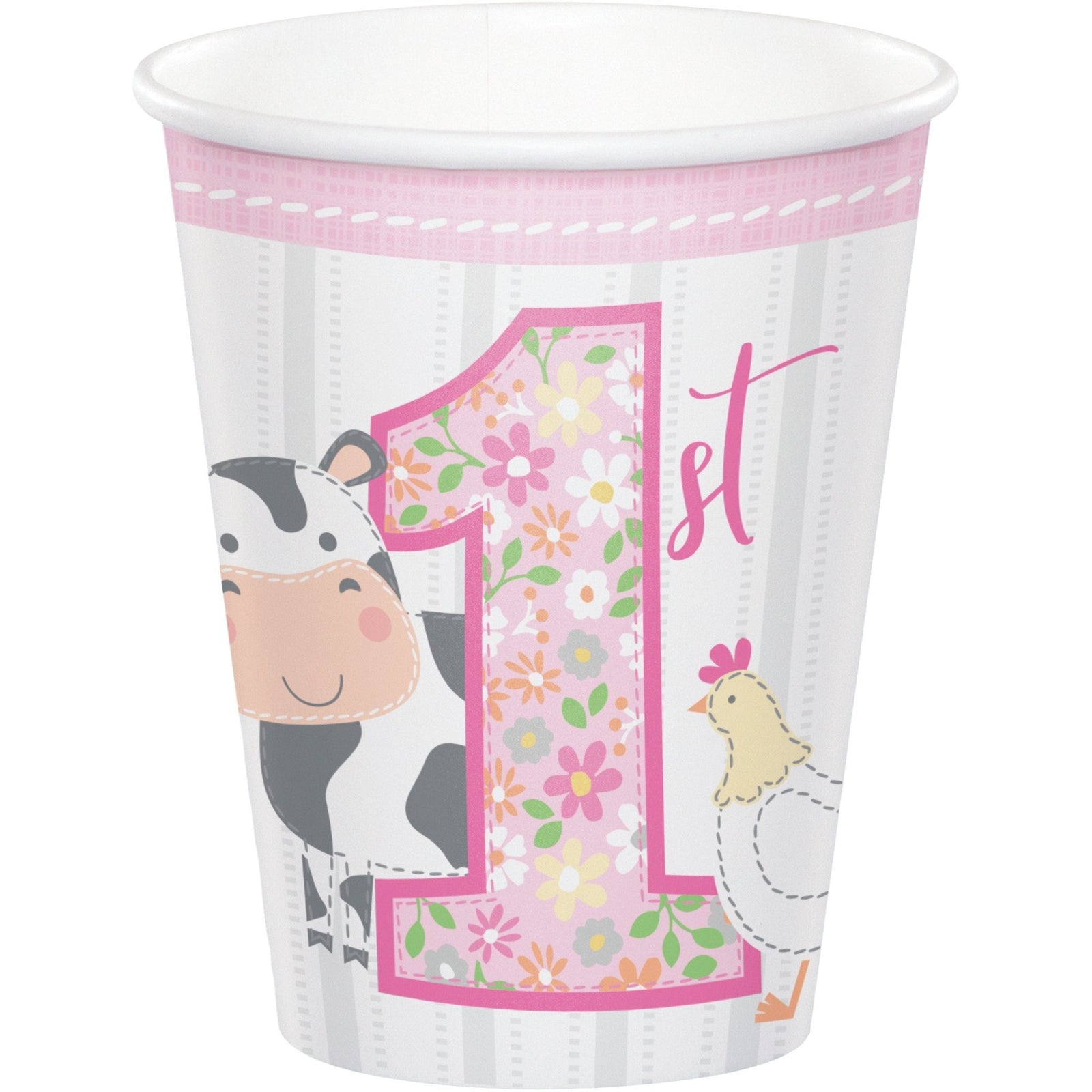 Pink Farm First Birthday Party Paper Cups 8ct - Stesha Party