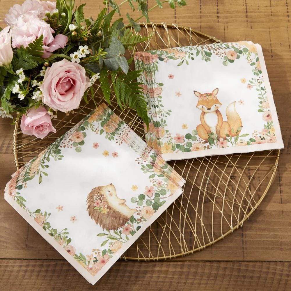 Pink Floral Fox & Hedgehog Napkins 30ct - Stesha Party