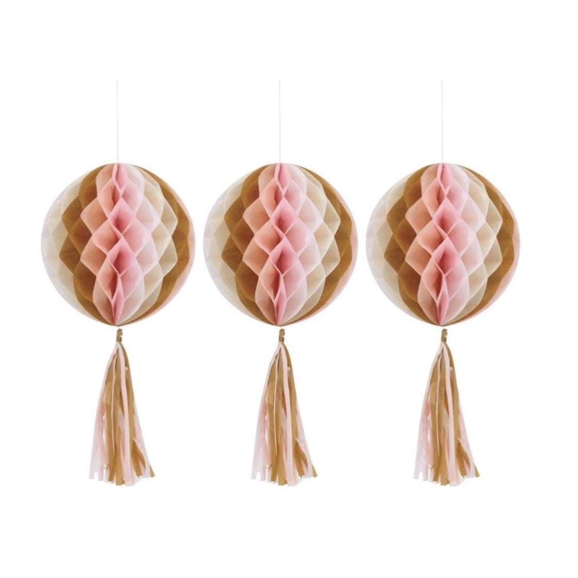 Pink & Gold Honeycomb Ball Decorations Set of 3 - Stesha Party