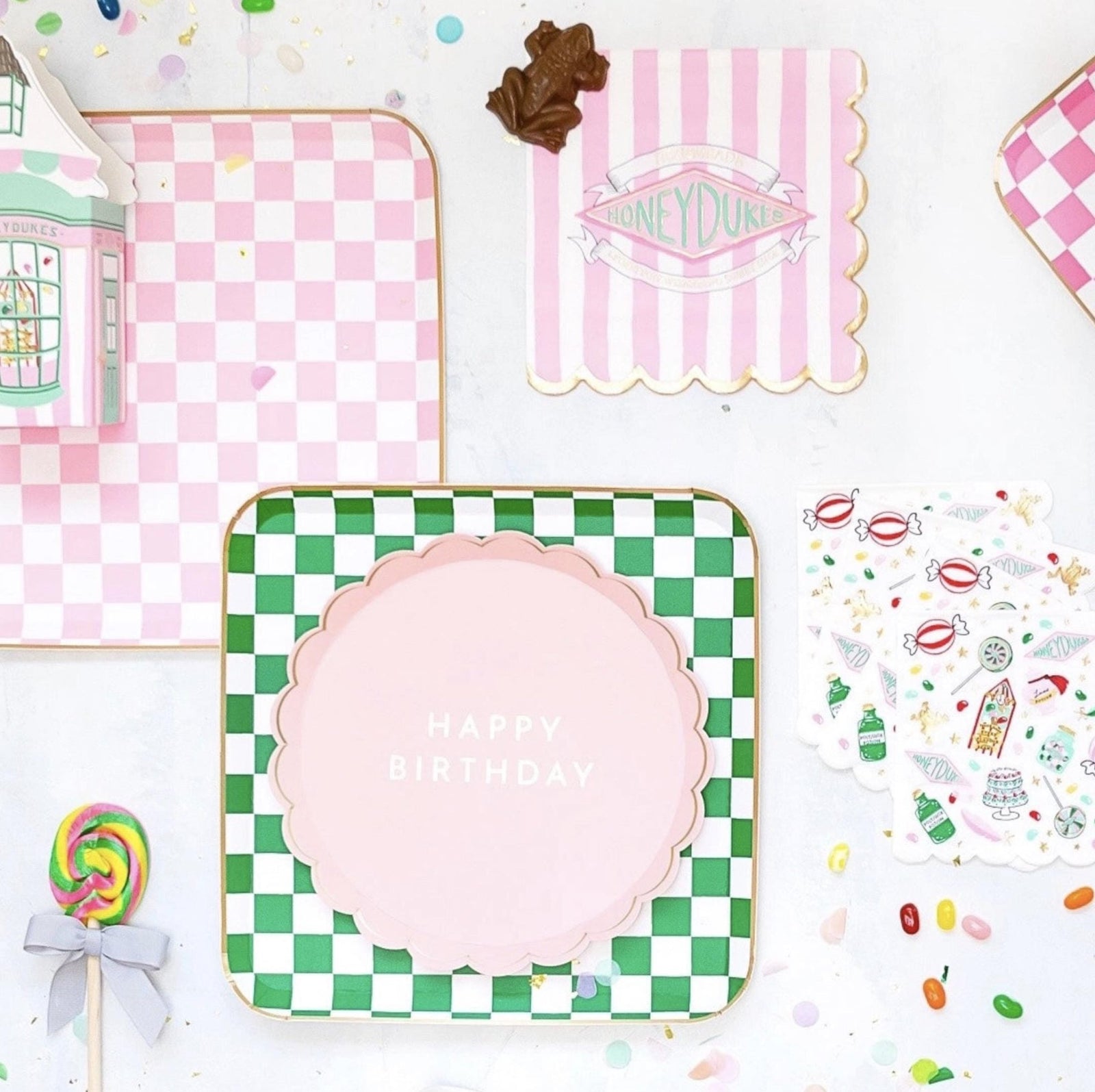 Pink & Green Square Checkered Paper Plates 8ct - Stesha Party