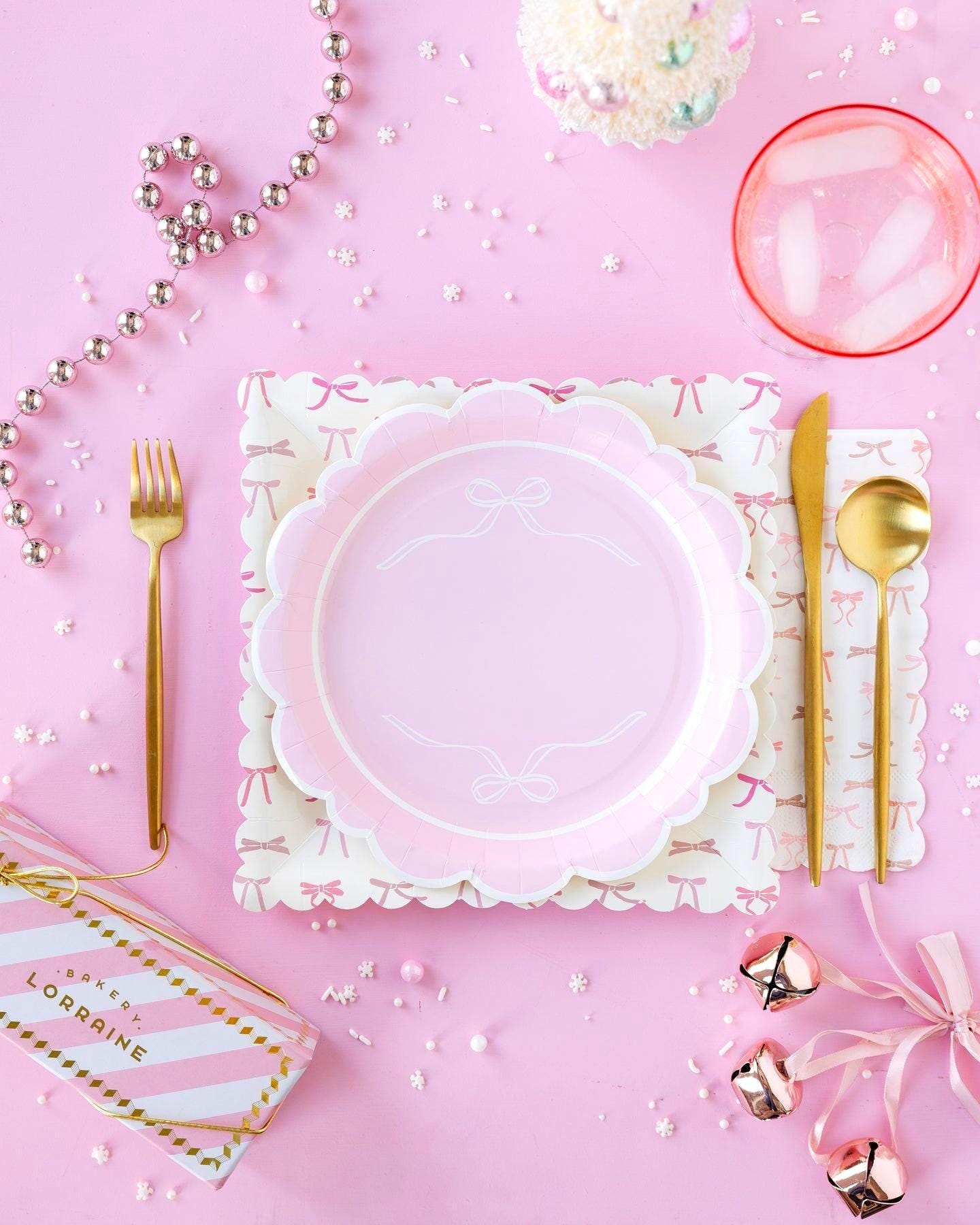 Pink & White Bow Paper Plates 8ct - Stesha Party