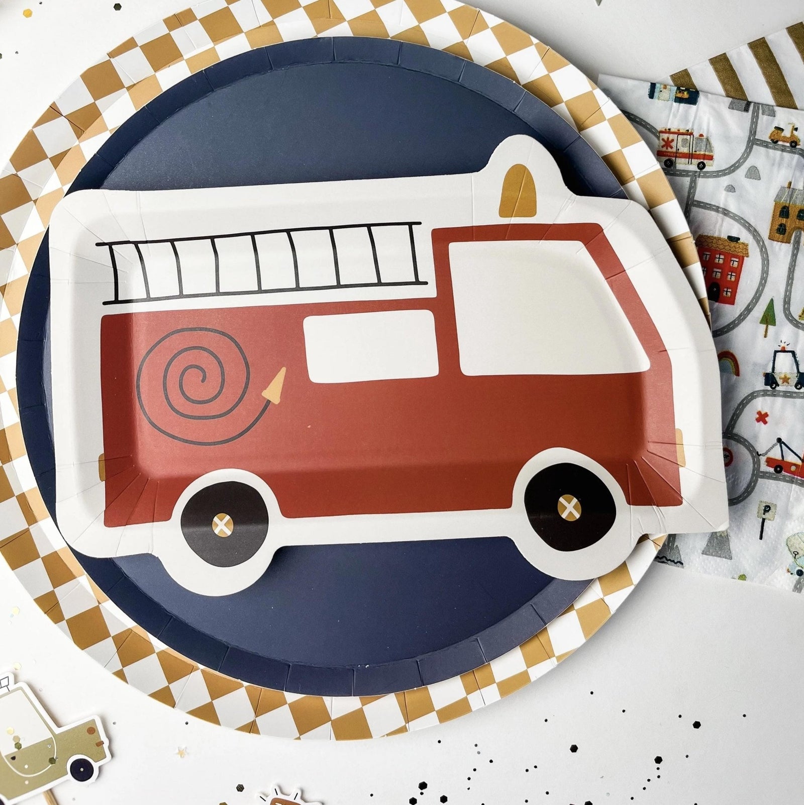 Red Firetruck Shaped Paper Plates 8ct - Stesha Party