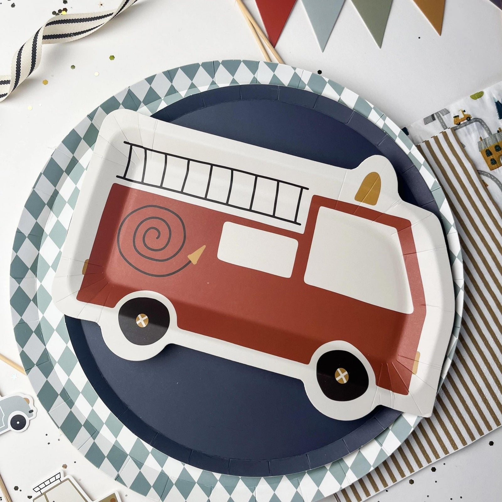 Red Firetruck Shaped Paper Plates 8ct - Stesha Party