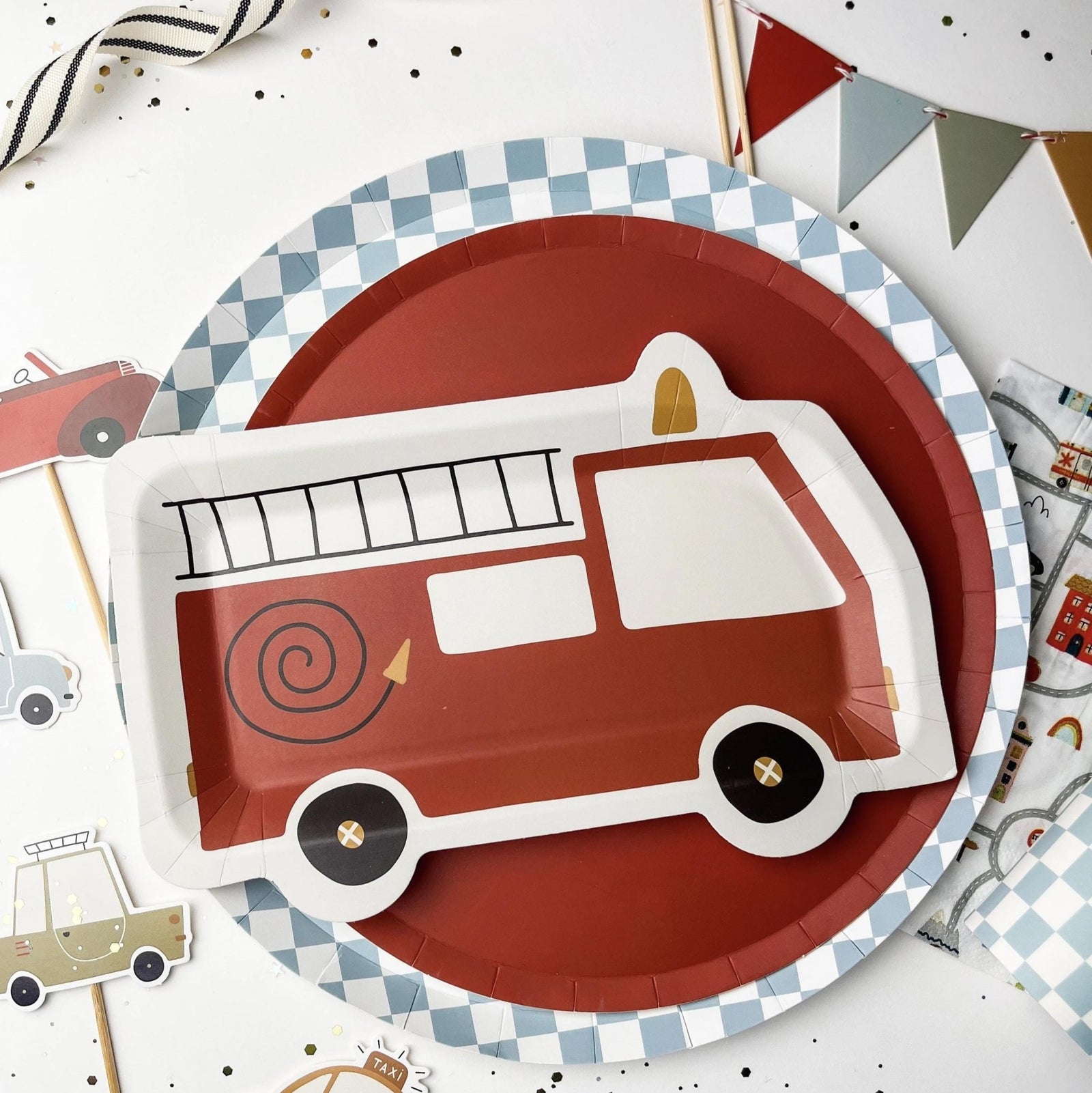 Red Firetruck Shaped Paper Plates 8ct - Stesha Party