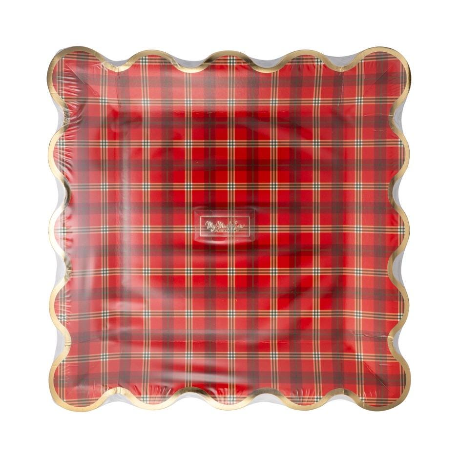 Red Plaid Square Christmas Plates 9 inch - Stesha Party