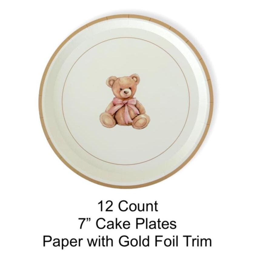 Teddy Bear Pink Bow Plates 12ct - Stesha Party